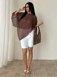 SHEIN PETITE Áo choàng liền thân dệt kim jacquard màu nâu thời trang, đa năng, khoét rỗng, kiểu dáng yếm, cổ yếm, thích hợp mặc đi nghỉ mát, nhẹ nhàng. - Cà phê nâu - Xem 1