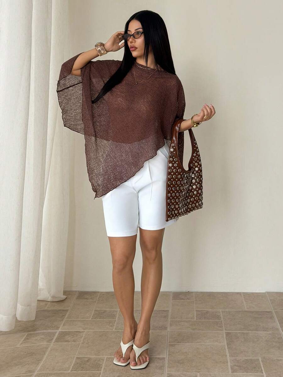 SHEIN PETITE Áo choàng liền thân dệt kim jacquard màu nâu thời trang, đa năng, khoét rỗng, kiểu dáng yếm, cổ yếm, thích hợp mặc đi nghỉ mát, nhẹ nhàng. - Cà phê nâu - Xem 1