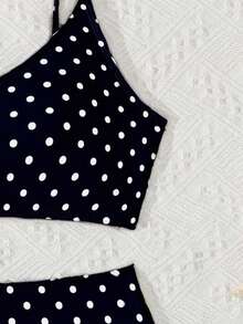 SHEIN Bộ bikini chấm bi cho bé gái tuổi teen, vải dệt kim đen trắng, dây đeo vai có thể điều chỉnh, áo cổ chữ V, quần bơi, bộ đồ bơi 2 mảnh, thiết kế thời trang giản dị thanh lịch, thích hợp cho bơi lội, kỳ nghỉ hè, bãi biển, hồ bơi, tiệc tùng. Bộ bikini chấm bi, đồ bơi chấm bi cho bé gái, đồ bơi chấm bi, đồ bơi hai mảnh cho tuổi teen, đồ bơi hai mảnh chấm bi. - trắng - Xem 3