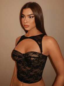 SHEIN PETITE CURVE 大码女式蕾丝上衣，黑色吊带背心，可拆卸胸衣露脐上衣，适合音乐节、假日、演唱会等场合穿着 - 黑色 - 查看 7