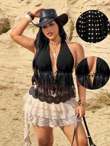 Rustia Plus Size Women Tassel Halter Top, Casual Sexy Music Festival Party Wear, Spring/Summer - Black - View 1