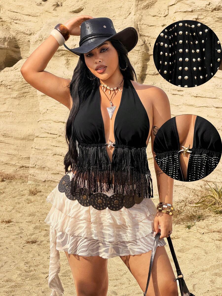 Rustia Plus Size Women Tassel Halter Top, Casual Sexy Music Festival Party Wear, Spring/Summer - Black - View 1