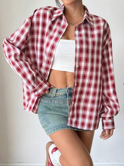 Flirla 女士休闲街头风格格子长袖衬衫