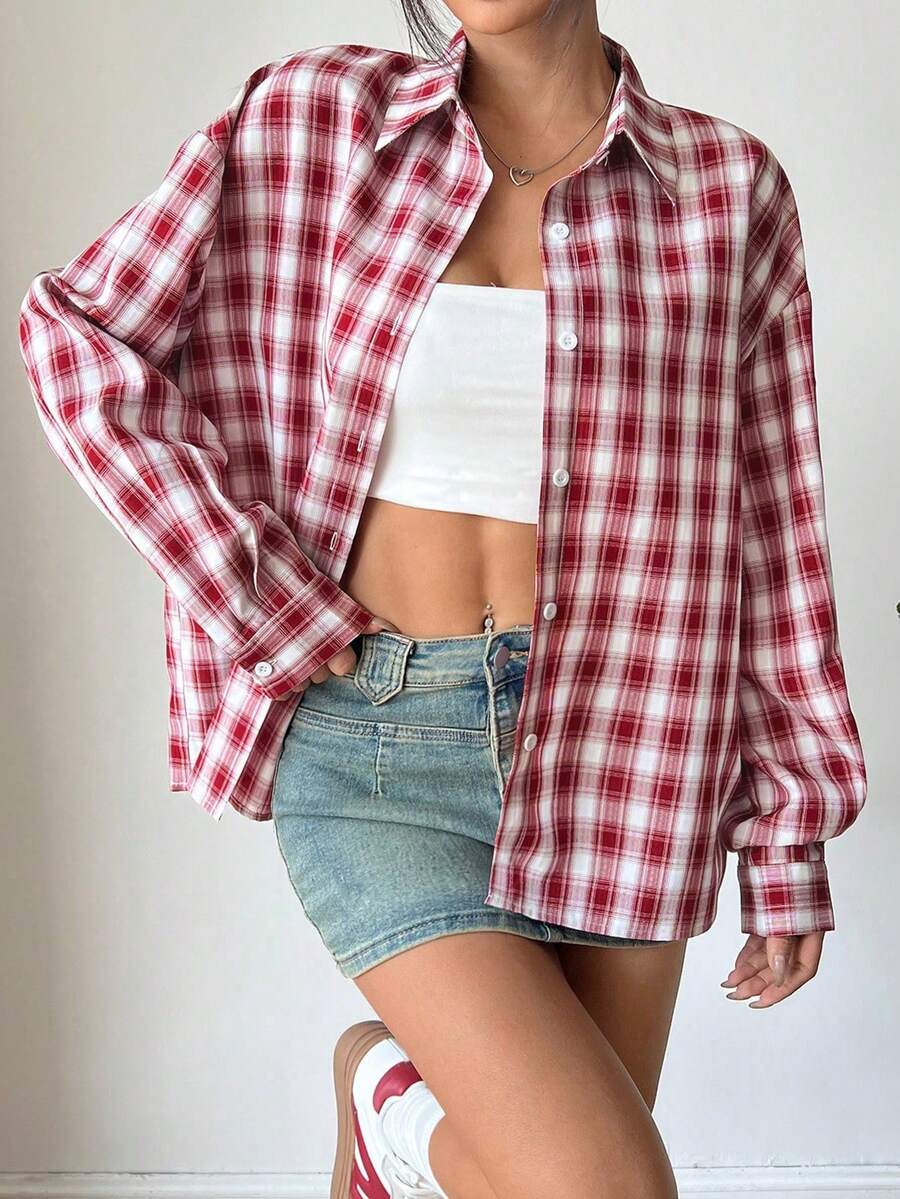 Flirla 女士休闲街头风格格子长袖衬衫 - 紅白色 - 查看 1