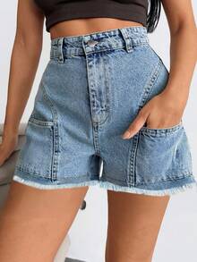 EURMUSE High Waist Fray Hem Mini Denim Short - Light Wash - View 5