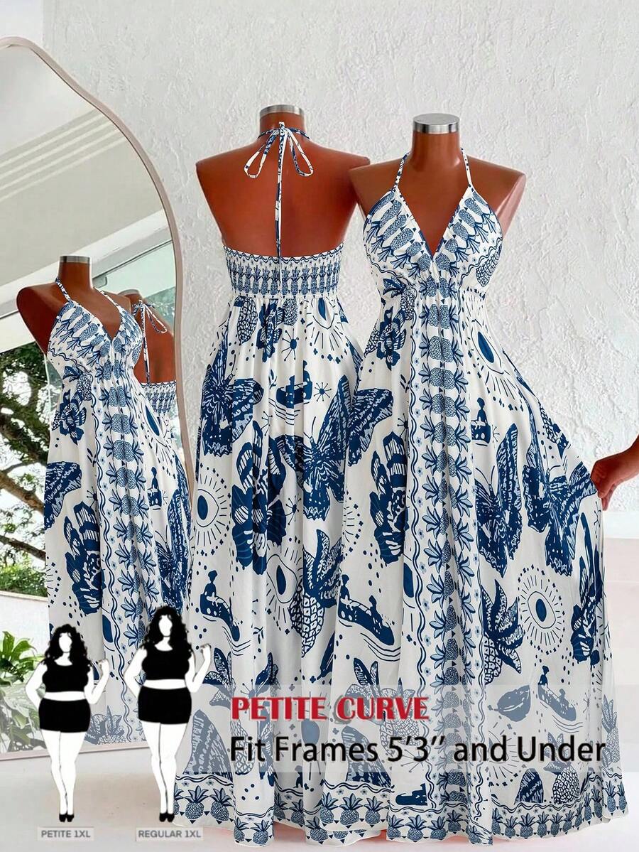SHEIN PETITE CURVE Plus Size Women Butterfly Print Backless Sexy Beach Vacation Dress - Blue - View 1