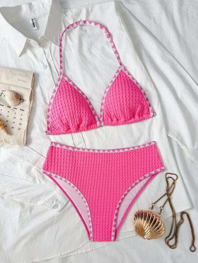 SHEIN Bộ đồ bơi cổ yếm viền hoa cho bé gái tuổi teen, thích hợp cho kỳ nghỉ biển.