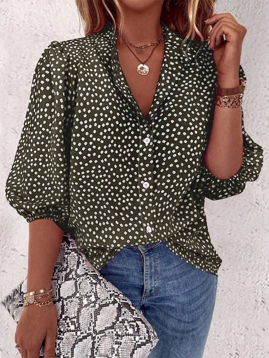 Selianne Floral Single Button Casual Daily Mid-Sleeve Shirt For New Year Clothes - Army Green - View 1