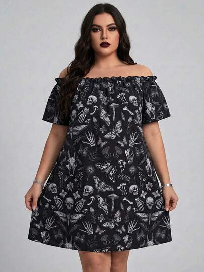 ROMWE Đầm trễ vai cỡ lớn in hình bộ xương, dơi và cây cỏ theo phong cách Gothic.