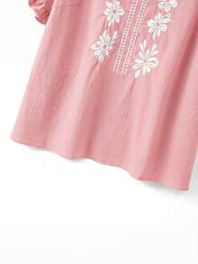 Linhara Plus Size Women Casual Minimalist Countryside Style Small V-Neck Cotton Embroidered Ruffle Cuff Loose Blouse - Pink - View 3