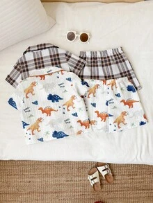 SHEIN Bộ đồ ngủ unisex cho bé trai và bé gái, họa tiết xe cứu hỏa và kẻ caro dễ thương, gồm áo sơ mi ngắn tay cài cúc và quần short, thích hợp mặc ở nhà và ngoài trời, mùa xuân/hè. - Nhiều màu - Xem 2