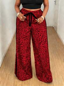 2025新款加大码女式休闲豹纹撞色腰带蝴蝶结直筒裤，时尚百搭 - 紅色 - 查看 4
