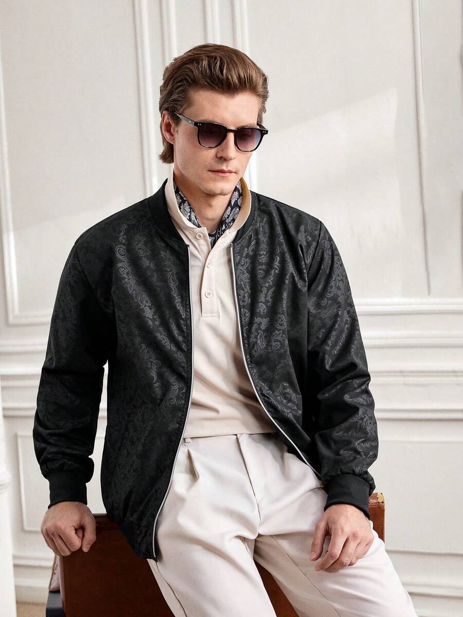 1pc Men's Classic Baseball Jacket With Zipper Closure, Ribbed Collar/Cuffs/Hem, Suitable For Various Body Types, Fabric With Subtle Vintage Patterning On Black Background