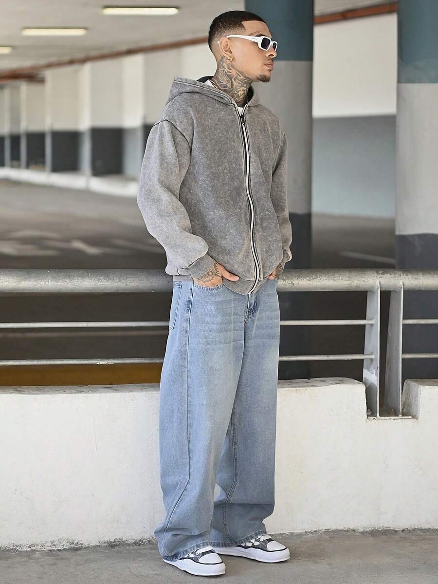 Devon Thys Hemo 秋冬款“随波逐流”图案男士连帽衫，略带弹性的水洗复古棉质抓绒灰色长袖拉链卫衣，适合返校季户外休闲日常穿着