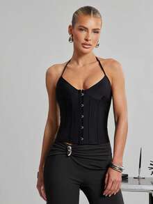 Hauture Schwarzes, lässiges, rückenfreies Damen-Stricktop mit Korsett-Design im Vintage-Stil – perfekt für den Sommer, vom Büro bis zum Abendessen. - Schwarz - Übersicht 1