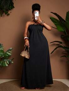Maweii Plus Size Women's Summer Halter Tie Waist Metal Buckle Decor Strapless 2 In 1 Flowy Dress - Black - View 4