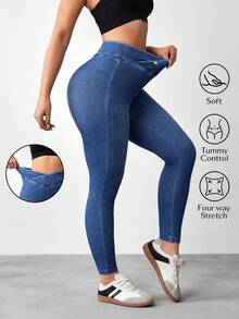 Flexra 七分针织牛仔V腰紧身牛仔裤 - 藍色 - 查看 1