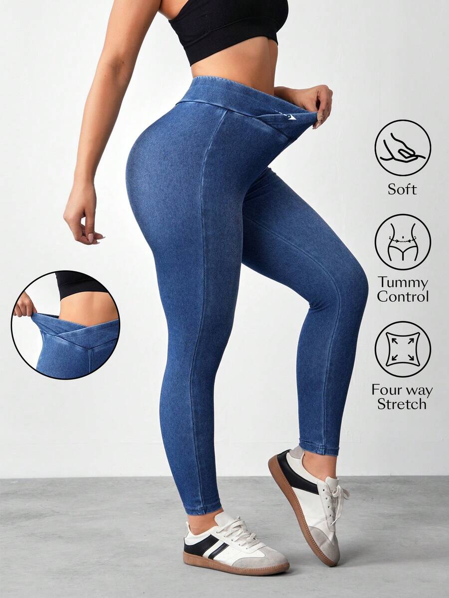 Flexra 七分针织牛仔V腰紧身牛仔裤 - 藍色 - 查看 1