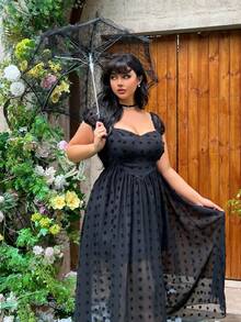 Lyrianda 春夏秋三季新款法式度假风优雅派对公主雪纺绒球波点胸罩泡泡短袖A字连衣裙，收腰显瘦长款正式女装，春季连衣裙长裙晚礼服生日礼服 - 黑色 - 查看 6