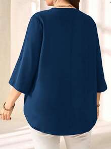 EMERY ROSE 大码女式早春纯色V领七分袖衬衫 - 水鴨藍 - 查看 2