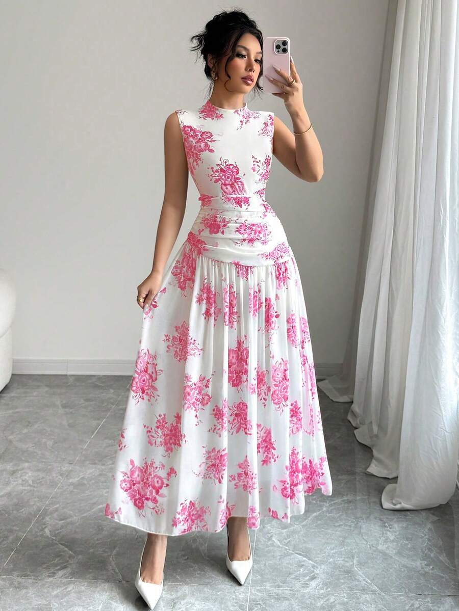Modelyn Women's Elegant Floral Print Sleeveless Dress, Suitable For Commuting - Hot Pink - View 1