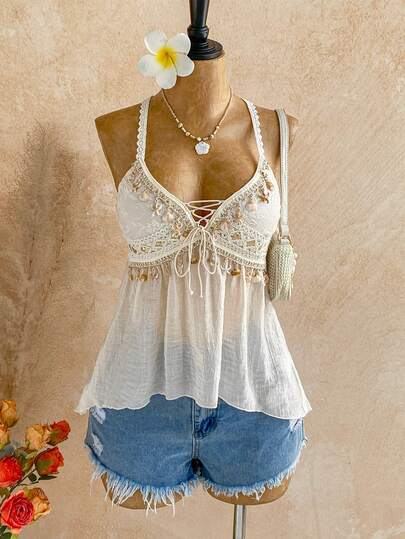 Soleia Women's Casual Shell Decor Halter Top