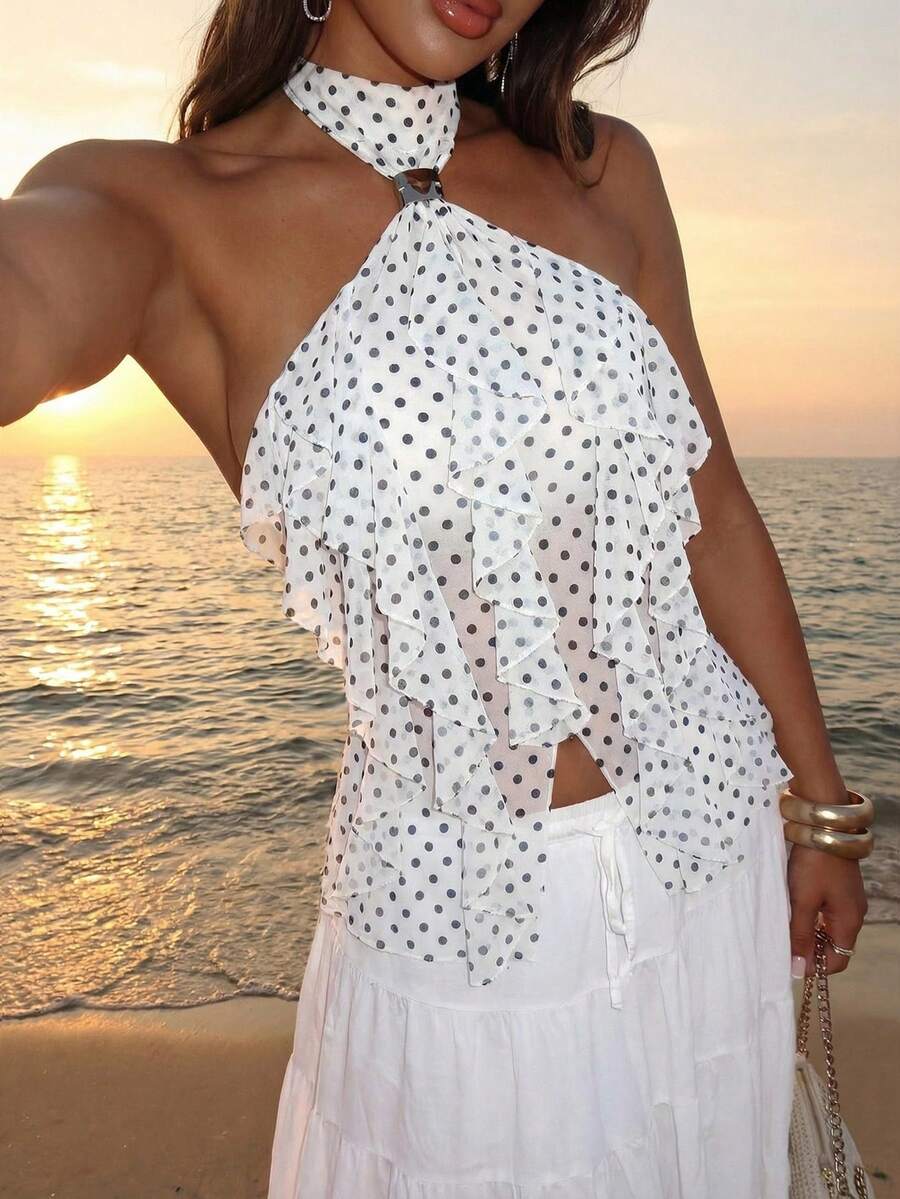 Aloruh Women's Elegant Multi-Layer Ruffle Trim Stand Collar Fitted Tank Top - Black and White - View 1