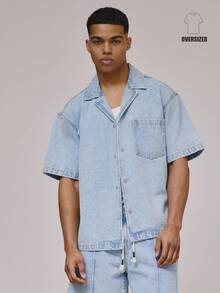Musero Oversized Washed Short Sleeve Jean Style Jacket Revere Collar Button Through Front Pocket Denim Shirt Top Spring Summer Holiday Essentials - Light Wash - View 2