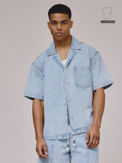Musero Áo khoác denim dáng rộng tay ngắn, cổ bẻ, cài cúc phía trước, túi trước, thích hợp cho mùa xuân hè và các kỳ nghỉ.