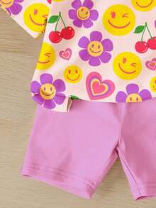 SHEIN 少女碎花圆领短袖T恤和修身短裤两件套，休闲简约风格，适合春夏日常穿着、街头风、度假、户外、运动、假日等场合。 - 彩色 - 查看 6