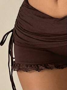SHEIN ICON Slim Fit Drawstring Waist Lace Trim Comfortable Casual Shorts - Coffee Brown - View 6