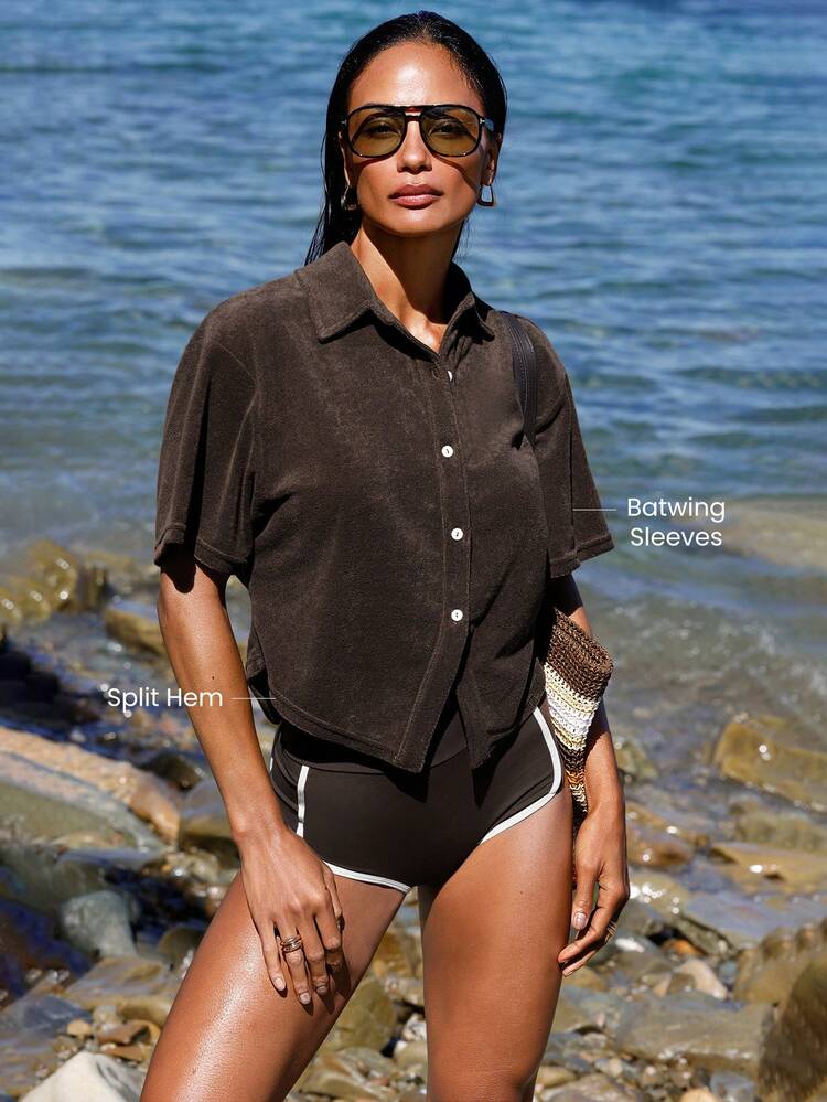 Terry Cloth Out Of Office Back Elastic Waistband Batwing Sleeves Split Hem Button-Up Shirt Vacation Holiday Summer Travel Beach Daily Casual Wear