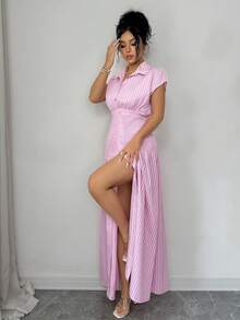 SHEIN Elenzya Women's Striped Pleated Casual Minimalist Dress, Suitable For Party And Outing - Pink - View 3