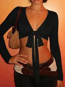 INAWLY 女士纯色扭结休闲百搭日常长袖T恤 - 黑色 - 查看 5