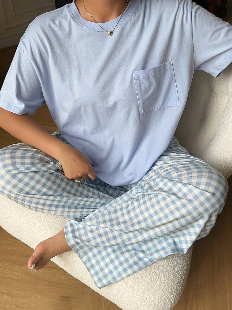 Dazy Plus 2pcs Casual Homewear Set, Solid Color Round Neck Short Sleeve Top And Plaid Long Loose Pajama Pants, Plus Size Women Spring/Summer Sleepwear