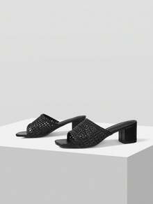 Mnmlis Women's Woven Hollow Square Toe High-Heeled Sandals Slip-On Mid-Heeled Shoes Summer Shoes - Black - View 2