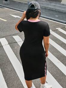 SHEIN EZwear 加大码撞色字母装饰黑色紧身连衣裙，春夏款 - 彩色 - 查看 2