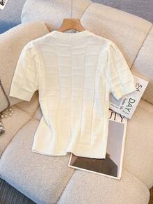 GlowEve Áo thun nữ mùa xuân/hè mới về, cổ tròn, ôm sát, khoét vai, họa tiết kẻ caro, tay ngắn, đa năng, thời trang hàng ngày. - Màu be - Xem 2