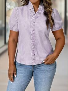 SHEIN Clasi CURVE V-Neck Puff Sleeve + Ruffle Trim French Style Casual White Plus Size Short Sleeve Blouse Bussines Tea Party Summer - Purple - View 3