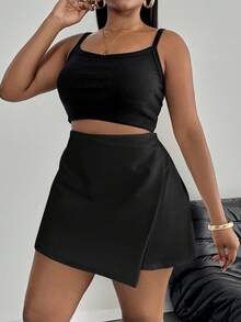 SHEIN PETITE CURVE Plus Size Women Solid Color Asymmetric Hem Casual Midi Skirt - Black - View 3