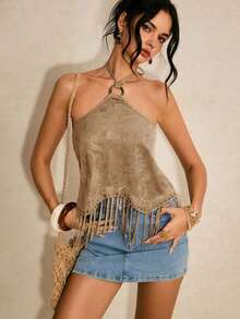 Poéselle Áo croptop nữ màu trơn cổ yếm không tay hở lưng, trang trí tua rua và đinh tán. - màu nâu - Xem 3