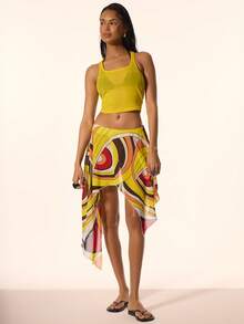 MUSERA 印花不对称下摆飘逸低腰中长裙，可爱春夏度假场合，伊比沙岛优雅柠檬水风 - 彩色 - 查看 2