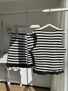 2pcs/Set Striped Bow Tie Sleeveless Crop Top + Ruffle Hem Shorts Set For Teenage Girls, Sweet & Spicy Style, Non-Fleece Design, Suitable For Parties And Summer Outings - Black and White - View 2