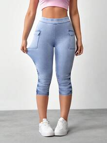 Flexra Knitted Denim Cargo Capri Pants - Blue - View 2