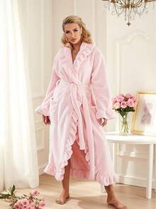 1-Piece Set Of Women's Ultra Soft Ruffled And Ankle Thick Fleece Nightgown, Fashionable Ruffled Nightgown With Side Pockets, Soft And Warm Long Bathrobe, Plush SPA Nightgown, Home Wear, Pajamas, With Pockets - Multicolor - View 14