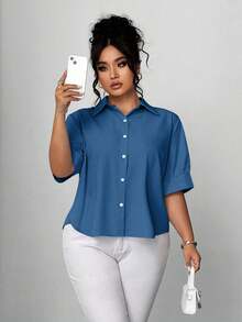 Elenzga 大码女士优雅端庄纯色泡泡袖短袖衬衫，后背褶裥设计，A字下摆，全纽扣前襟 - 藍色 - 查看 5