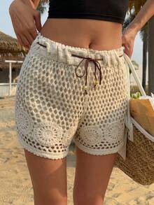 DAZY 女士抽绳腰带镂空休闲百搭日常短裤 - 白色 - 查看 7