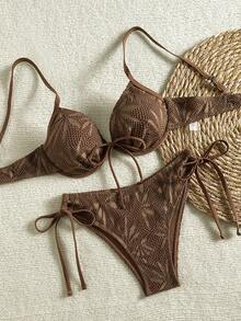 SHEIN Swim Women's Brown Grid Underwire Bikini Set,Adjustable Spaghetti Straps,High-Cut Tie-Side Design,Backless Summer Casual Beach Holiday Vacation Bikini - Brown - View 4