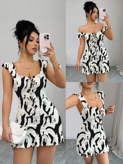 Selianne Đầm hai dây trễ vai xếp ly họa tiết hoa nhí cổ điển, đầm mini dáng chữ A ôm sát cho mùa hè, đầm hai dây hở lưng họa tiết hoa kiểu Pháp thanh lịch gợi cảm, đầm ôm eo ôm sát cho buổi hẹn hò, kỳ nghỉ, đi làm, thời trang đi biển.