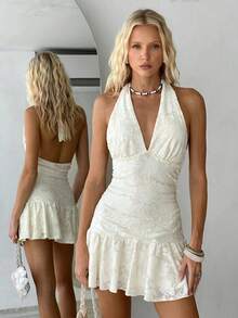 Elamini 2026新款女士夏季优雅连衣裙，甜美露背系带提花设计深V领无袖休闲连衣裙，适合海滩、度假、日常约会、情人节、音乐节、演唱会、派对、演出等场合，杏色。女士夏季连衣裙，夏季女装，度假装，女士度假连衣裙，沙滩派对连衣裙，女士假日服装。 - 杏色 - 查看 8